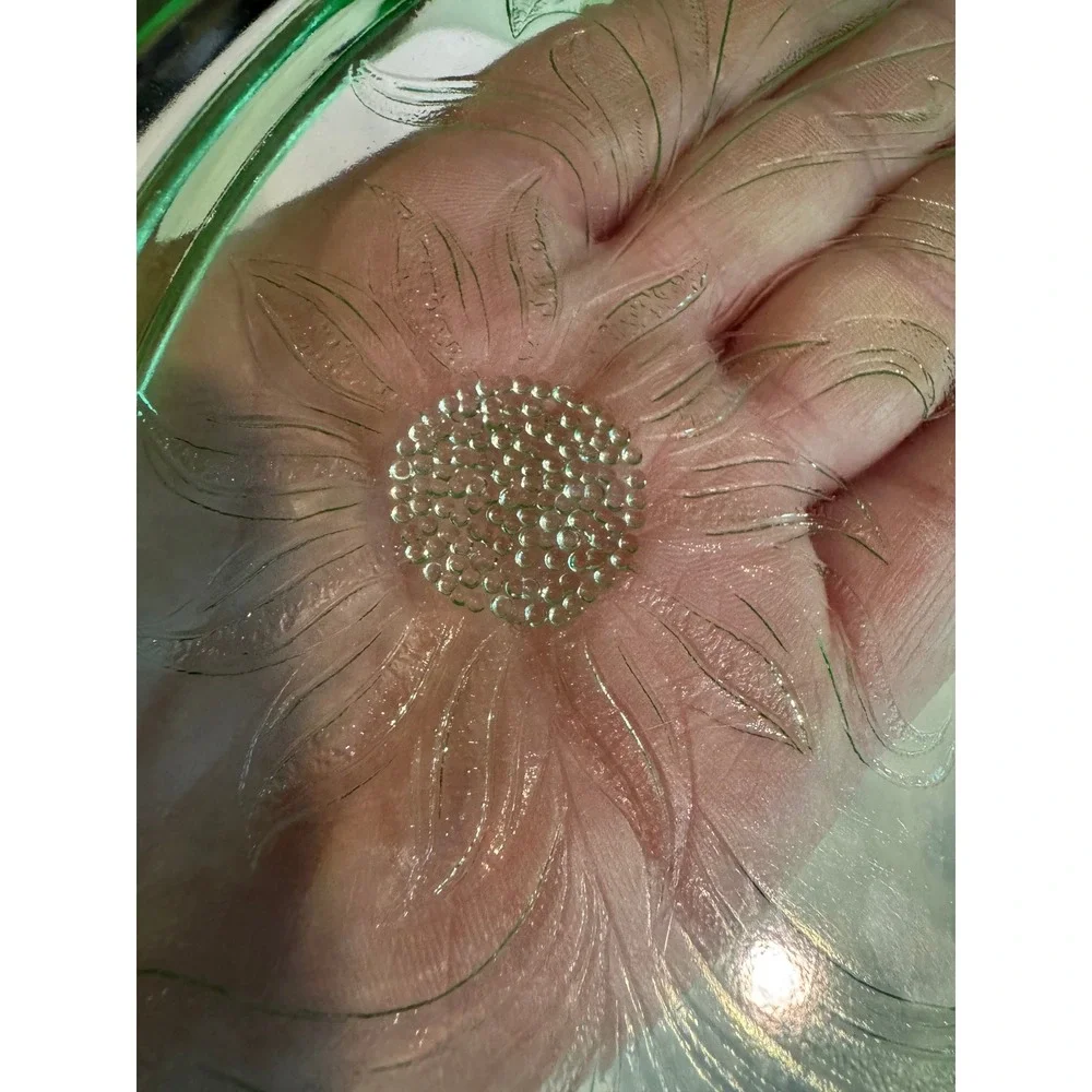 Vintage Uranium Depression Glass Cake Plate Floral Pattern Footed Glows Under UV
